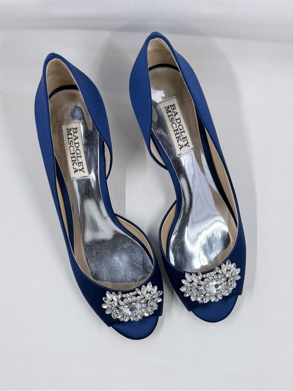 Badgley Mischka Royal Blue Satin Jewel Peep-Toe Heels
